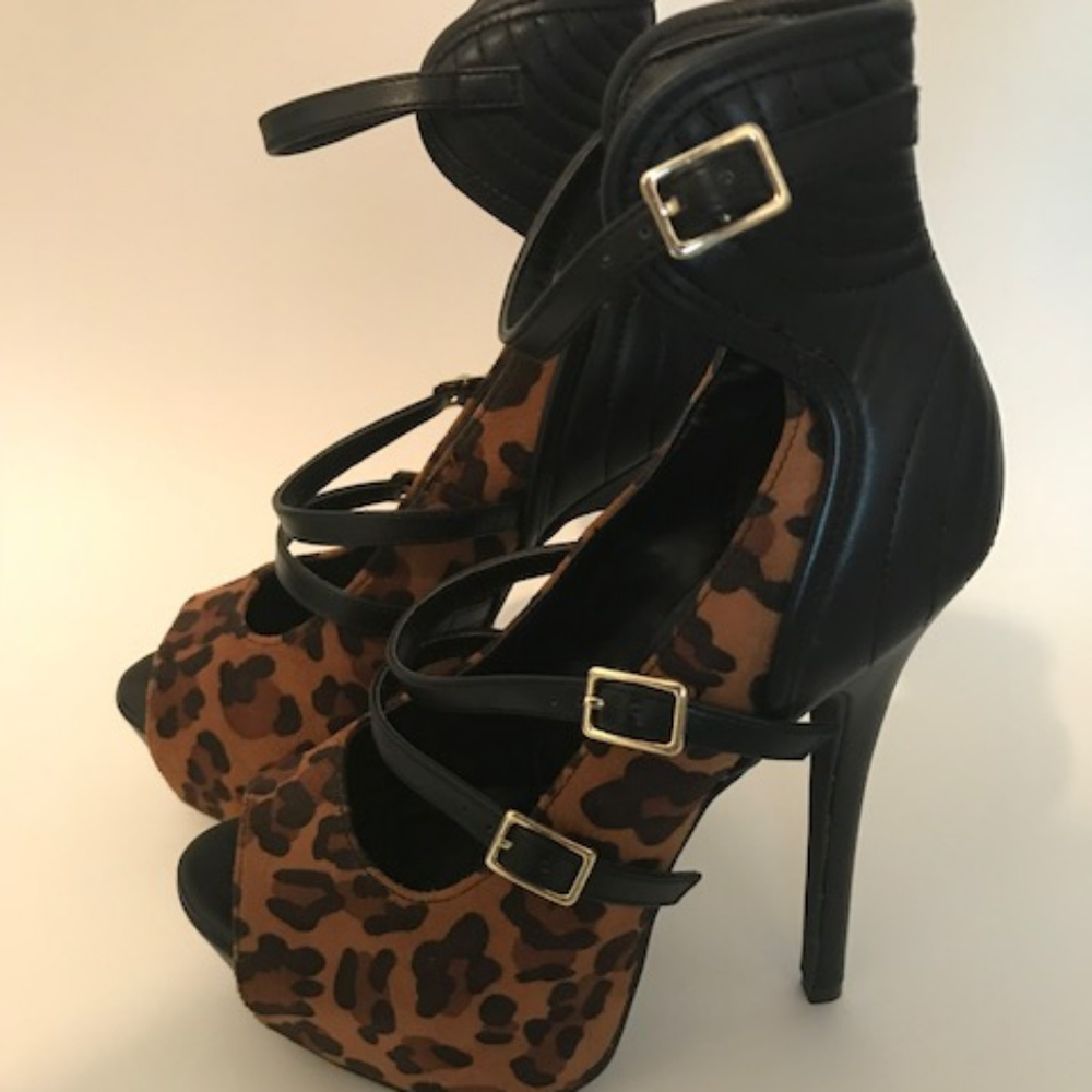 Sexy High Heel Shoes Leopard Print Stilettos Ankle Straps Platform Club Footwear